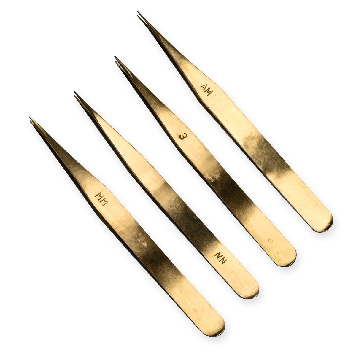 Brass tweezers x4 set for watchmakers, jewellery pickle pickling & electronics